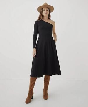 Pact NWT Women’s Organic Fit & Flare One-shoulder Midi Dress Green L Casual Chic